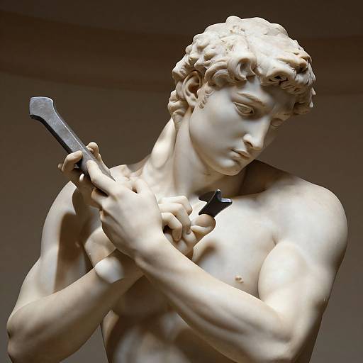 Photograph of a classical white marble statue depicting a young, muscular, curly-haired male with a serious expression, holding a hammer over his chest.