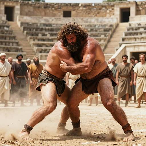 Photograph of a muscular, bearded man with curly hair, wearing a black loincloth, engaging in a fierce wrestling match in a dusty ancient