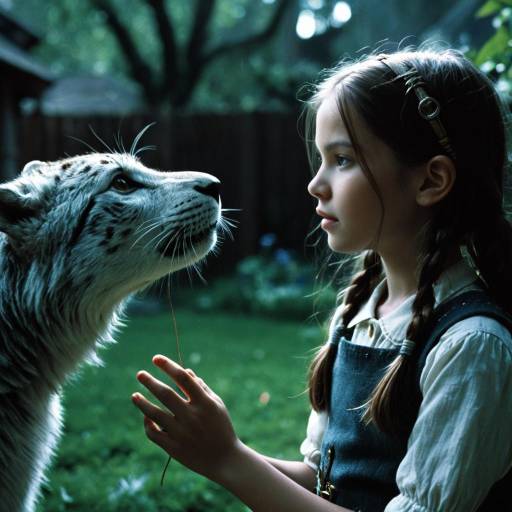 Young Girl Meeting Snow Leopard in Backyard