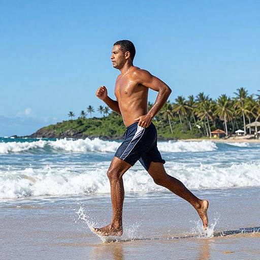 Athletic Man Running on Tropical Shoreline