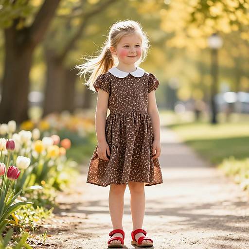 Photograph of a smiling blonde girl in a brown floral dress and red sandals, standing on a sunlit park path with blooming tulips.