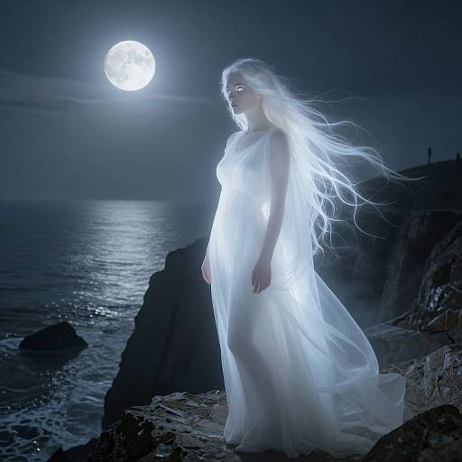 Photograph of a ethereal, glowing white woman with long flowing hair, wearing a translucent dress, standing on rocky coast under full moonlit night sky