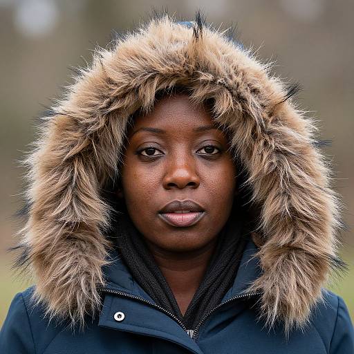Photograph of a serious-looking African woman with dark skin, wearing a black jacket with a thick, fur-trimmed hood, outdoors.