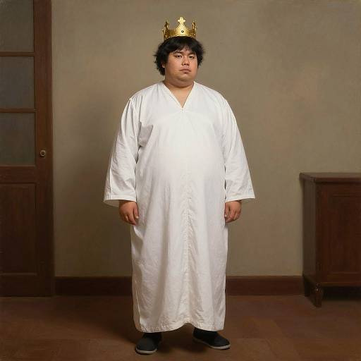 Photograph of an overweight Asian man with black curly hair, wearing a white robe and gold crown, standing in a plain room.