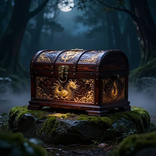 Mystical wooden treasure chest with glowing golden dragon designs, resting on mossy rock in dark, misty forest under moonlight.