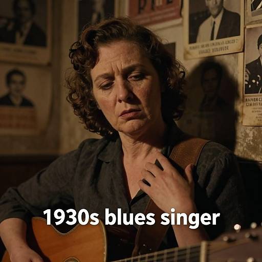 Photograph of a middle-aged woman with curly brown hair, wearing a dark shirt, holding a guitar, in a dimly lit room with vintage posters