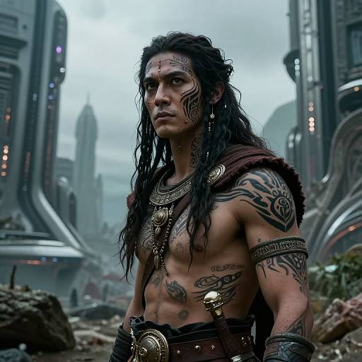 Photograph-style CGI of a muscular, tattooed, long-haired man with tribal face paint, wearing leather and metal armor, in a futuristic, dyst