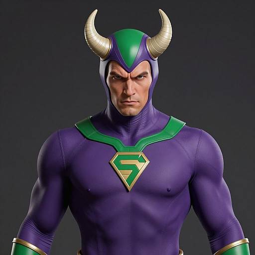 Muscular Superhero in Purple and Green Horned Costume