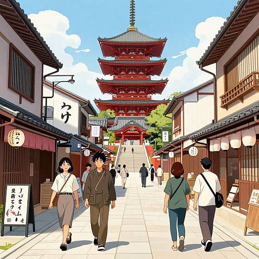 Digital anime-style illustration of a busy Japanese street with traditional buildings, red pagoda, and people walking towards the pagoda. Bright blue sky.