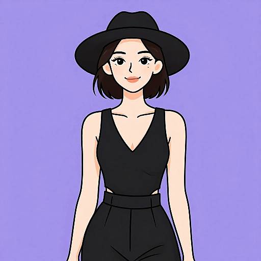 Digital anime-style drawing of a smiling woman with short black hair, wearing a black hat, sleeveless black top, and high-waisted black pants