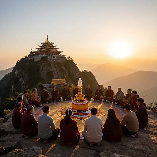 Photograph of a sunset view on a mountain peak, with a group of people sitting around a colorful Buddhist shrine, overlooking a traditional temple atop the hill