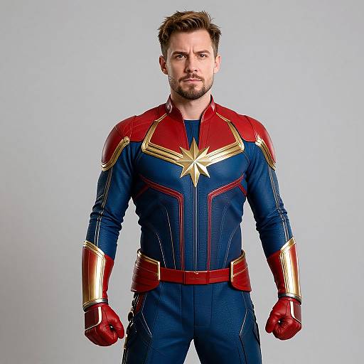 Photograph of a muscular, bearded man with short brown hair, wearing a blue and red superhero costume with gold accents and a star emblem, standing