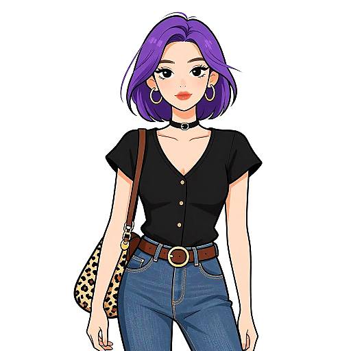 Digital illustration of a stylish woman with purple hair, wearing a black button-up shirt, blue jeans, leopard print bag, and hoop earrings.