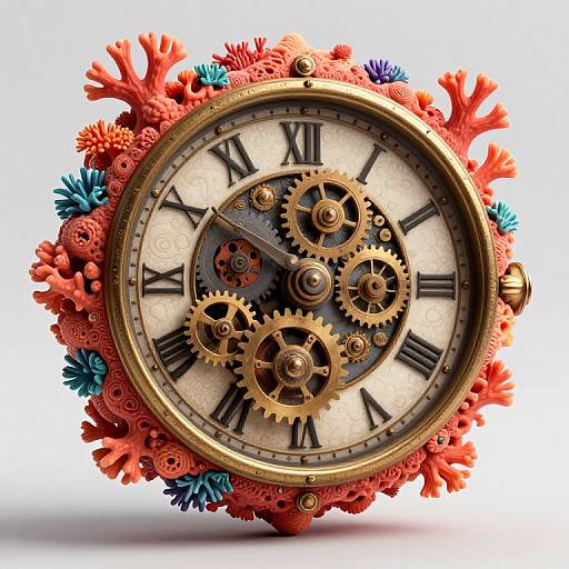 Steampunk clock with intricate gears, surrounded by vibrant coral and blue sea anemone-inspired decorations, featuring Roman numerals and a brass frame.
