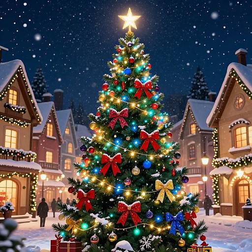 Christmas tree illuminated with multicolored lights, red bows, and ornaments in snowy village at night, with lit houses in background.