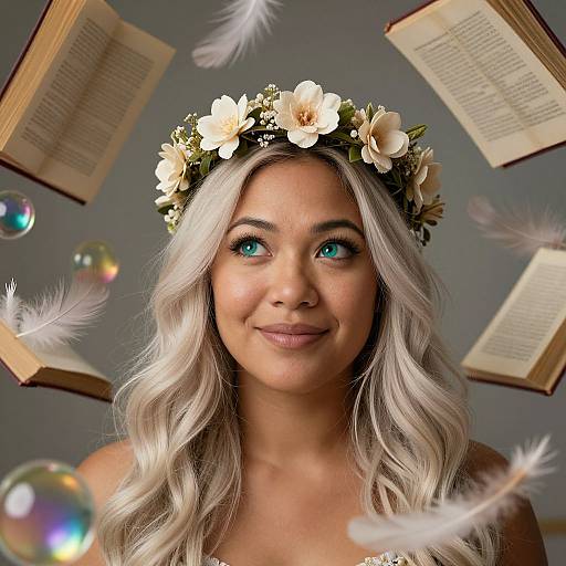 Photograph of a smiling woman with long, wavy platinum blonde hair, blue eyes, wearing a flower crown, surrounded by floating feathers, bubbles,