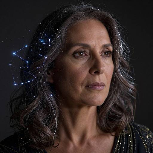 Photograph of a middle-aged woman with wavy gray hair, wearing a dark, sparkly garment, adorned with a star constellation headpiece, g