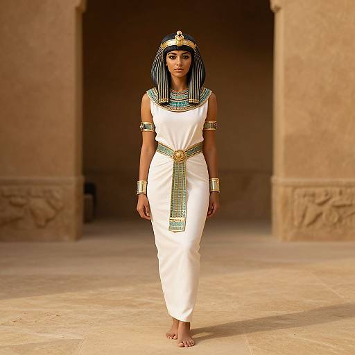 CGI image of an Egyptian woman in a white dress and headdress, adorned with gold and turquoise jewelry, walking barefoot in a stone-walled