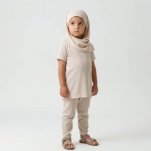 Thoughtful Child in Beige Outfit