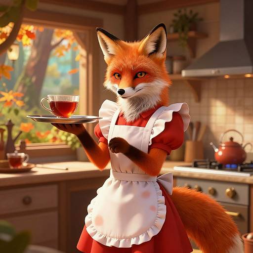 Fox Maid Serving Tea in Fantasy Kitchen