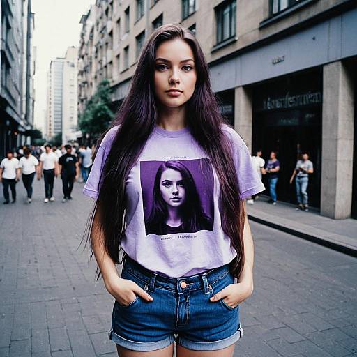 Photograph of a young woman with long, dark hair, wearing a white T-shirt with a black-and-white portrait, denim shorts, standing on a