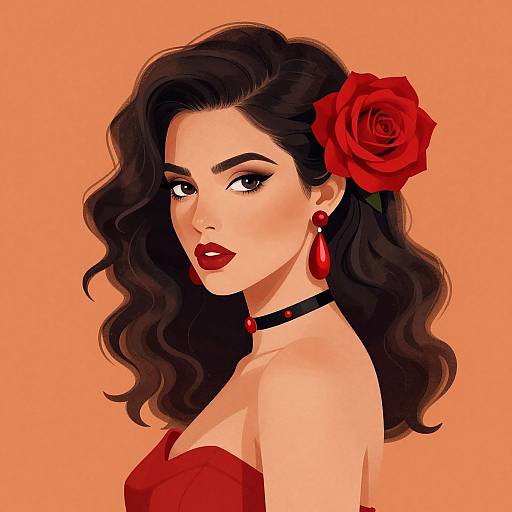 Digital illustration of a fair-skinned woman with wavy black hair, red rose in hair, red lipstick, choker, red earrings, and strap