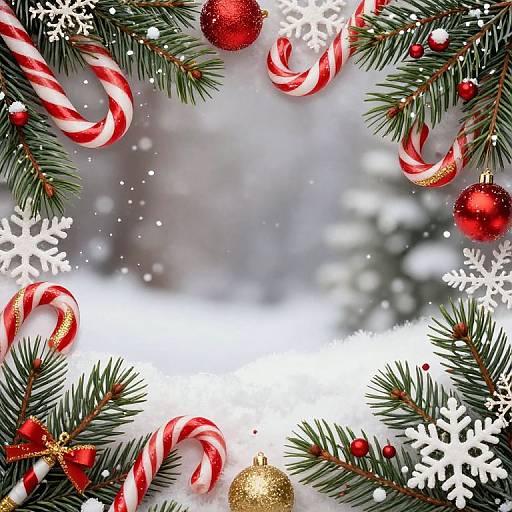 Christmas-themed digital illustration with red candy canes, red and gold ornaments, green pine branches, white snowflakes, and a snowy background.