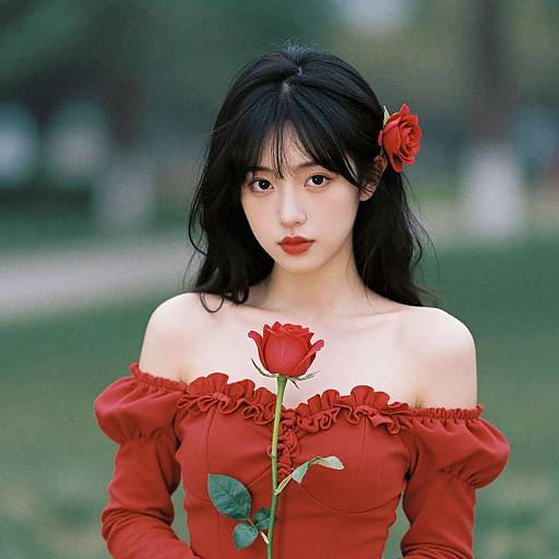 Photograph of an East Asian woman with black hair, red off-shoulder dress, red flower in hair and hand, holding red rose in a