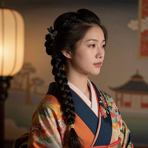 Photograph of an East Asian woman in a traditional, colorful kimono with intricate floral patterns, braided hair, and a hairpin, standing in