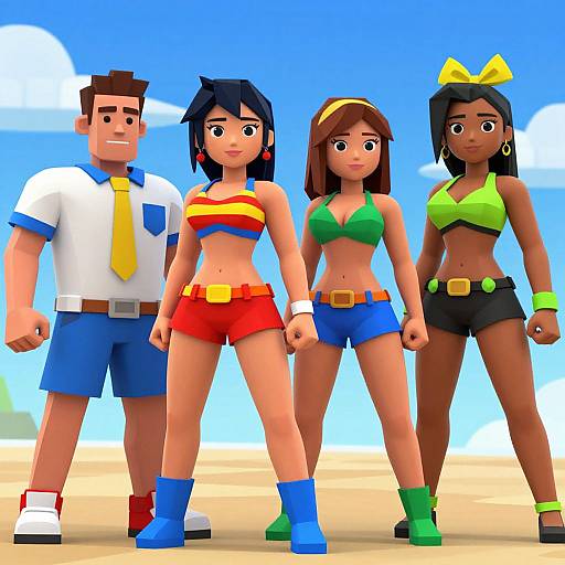 Digital illustration of four cartoon characters: muscular man in white shirt, yellow tie, blue shorts; three women in colorful bikinis and shorts, standing in
