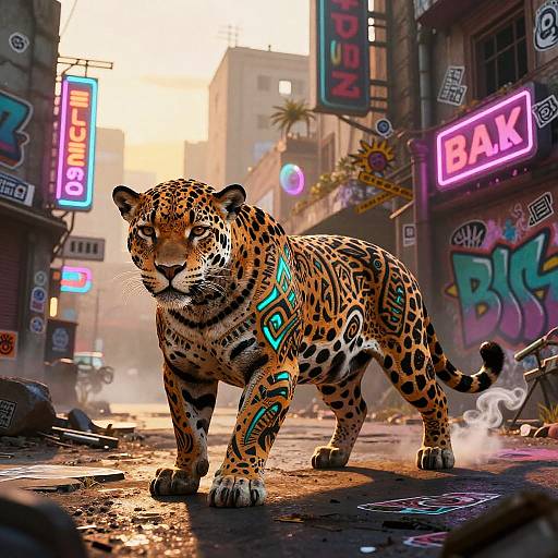 Digital artwork of a neon-lit city street featuring a muscular, spotted jaguar with glowing blue tribal tattoos, standing confidently among colorful neon signs and graffiti