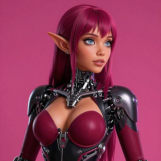 Digital CGI of a red-haired elf woman with blue eyes, pointed ears, and metallic black armor over a maroon leather bustier, against a pink