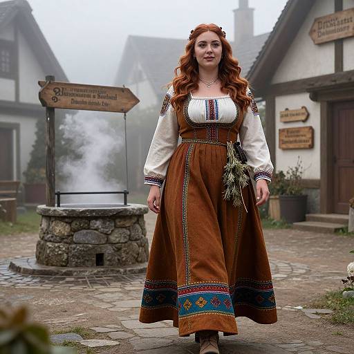 Photograph of a red-haired woman in a traditional brown dress with colorful embroidery, standing in a misty European village square near a stone well and wooden