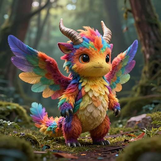 Digital art of a cute, multicolored, fluffy dragon with rainbow feathers, small horns, and large wings standing in a forest.