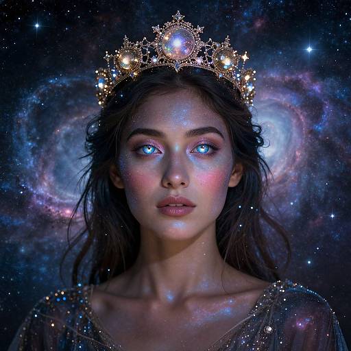 Digital art of a glowing, ethereal woman with starry blue eyes, wearing a jeweled crown, set against a cosmic galaxy background.