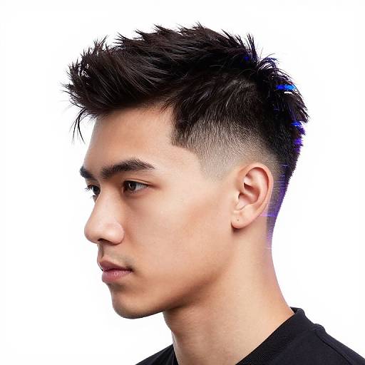 Photograph of a young Asian man with spiked black hair, side profile, light skin, short undercut, black shirt, white background.