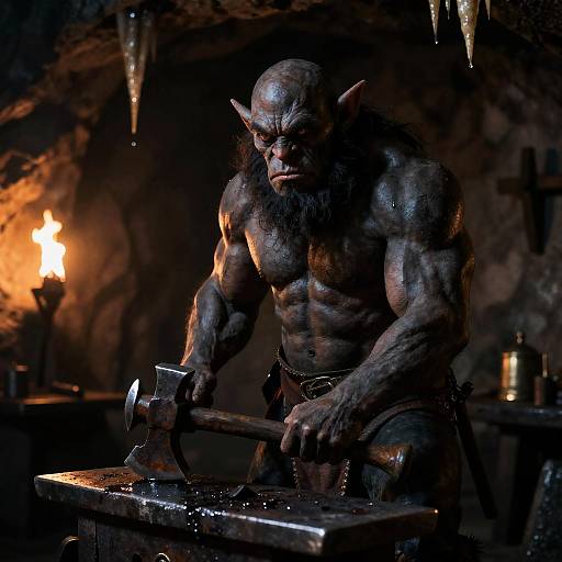 Photorealistic CGI of a muscular, bald, dark-skinned orc with pointed ears, in a dimly lit cave, gripping an axe, chopping