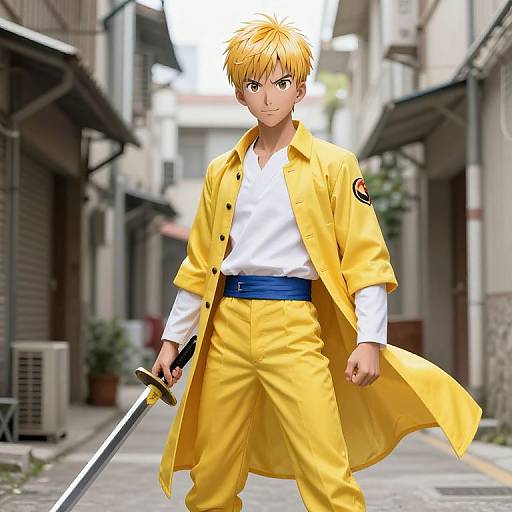 Digital anime-style drawing of a blonde-haired, yellow-shirted ninja with a katana, standing confidently in a narrow, urban alley.