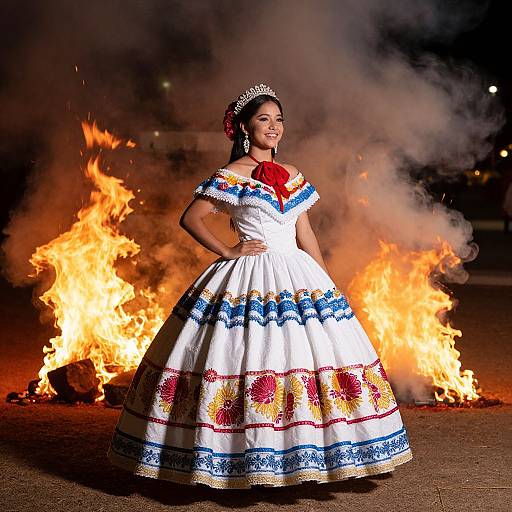 Photograph of a Latina woman in a white, embroidered flamenco dress with blue and red patterns, standing confidently in front of roaring fires at night.