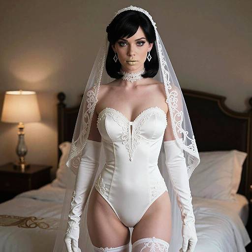 Photograph of a dark-haired woman in white lace wedding lingerie, gloves, and veil, standing in a dimly lit bedroom with a lamp and bed