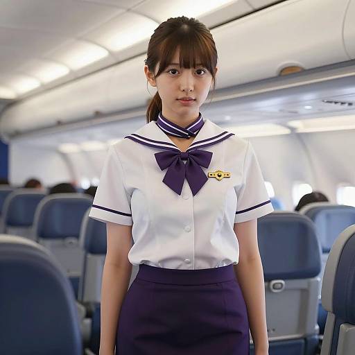 Young Woman in Japanese School Uniform on Airplane