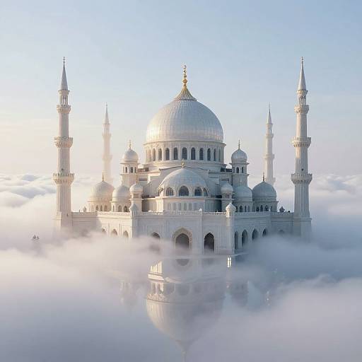 Photograph of a majestic white mosque with a large dome and four minarets, enveloped in mist, reflecting on a cloudy sky.