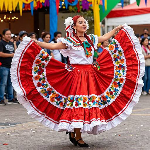 Photograph of a joyful Hispanic woman in a bright red, floral-embroidered, traditional Spanish dress, mid-dance, with a crowd and