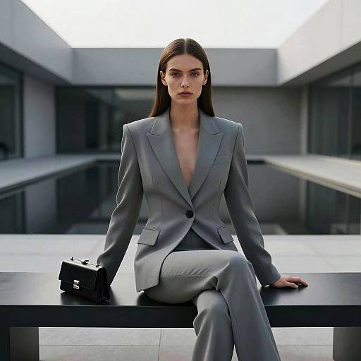 Photograph of a serious, long-haired woman in a gray suit, sitting on a black table in a modern, minimalist, gray-toned room with