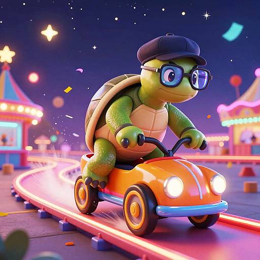CGI cartoon turtle in a black cap and glasses, riding an orange toy car at night, with blurred lights and colorful carnival backdrop.