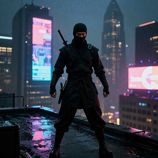 Stealthy Ninja on Futuristic Rainy Rooftop