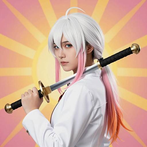 White-Haired Person with Sword and Sunburst Background