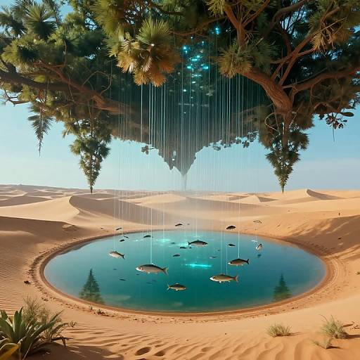 Surreal Desert Ecosystem with Floating Lake