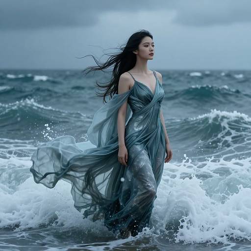 Photograph of a woman with long black hair in a flowing, sheer, gray dress standing in ocean waves under a cloudy sky.