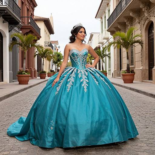 Photograph of a Latina woman in a strapless, turquoise ball gown with white floral embroidery, standing confidently on a cobblestone street lined with p